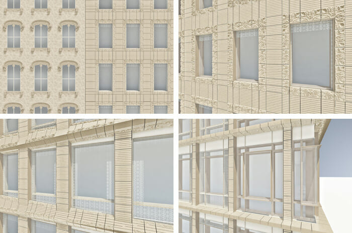 The facade of 529 Broadway is composed of an open-joint terra cotta rain screen that disguises a glass curtain wall.