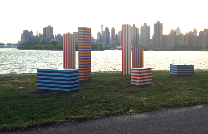 "City Pillars," by Dean Monogenis, is located on the southwest shore of Randall’s Island and is on view until November 15, 2014.