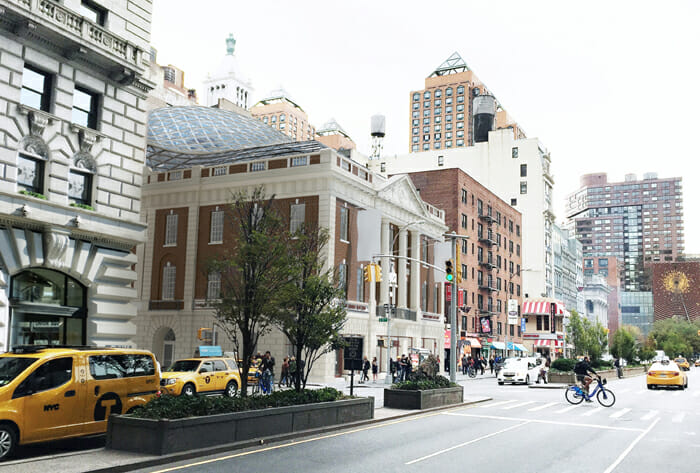 A rendered view of BKSK's proposed transformation of Tammany Hall, which was approved by the NYC Landmarks Preservation Commission in March 2015.